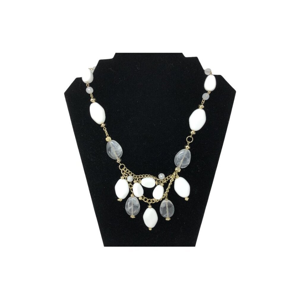Avon Layered Necklace Statement White Clear Beads‎ Gold Tone Bib